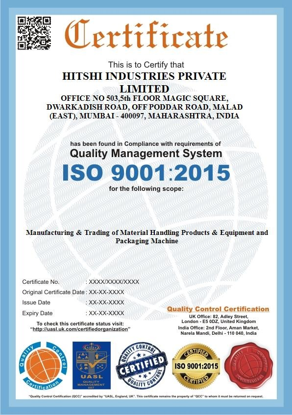 ISO 9001:2015 Certificate — Hitshi Industries Private Limited