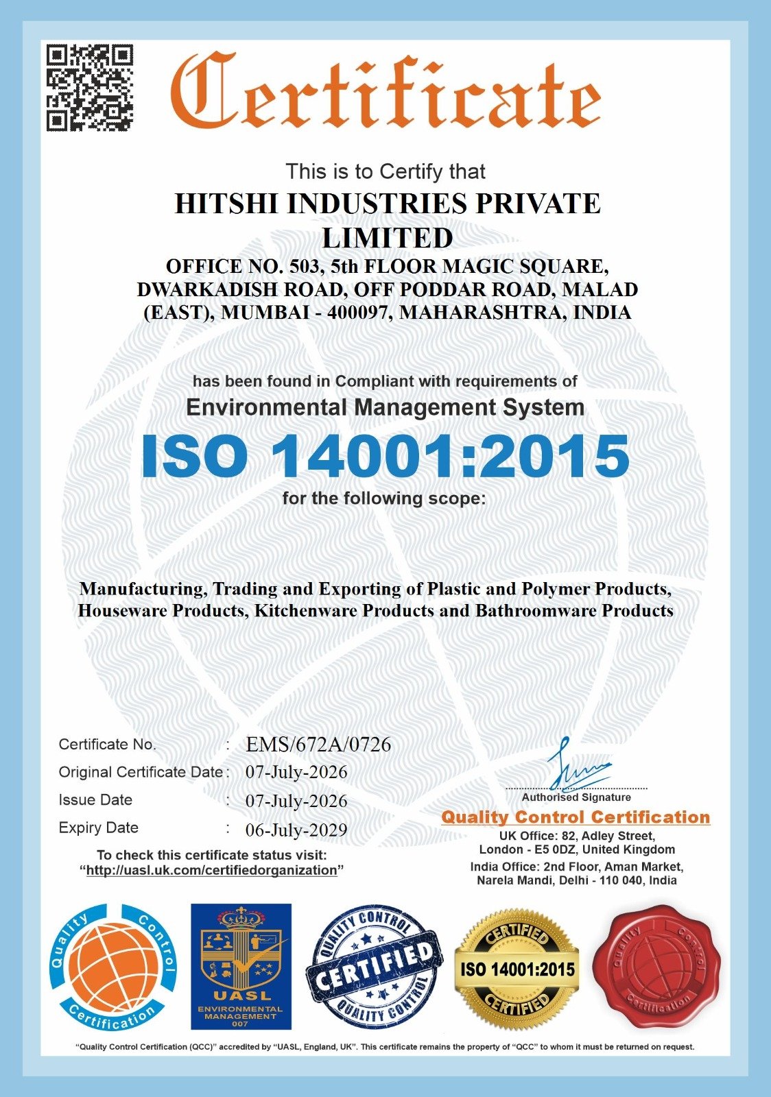 ISO 14001:2015 Certificate — Hitshi Industries Private Limited