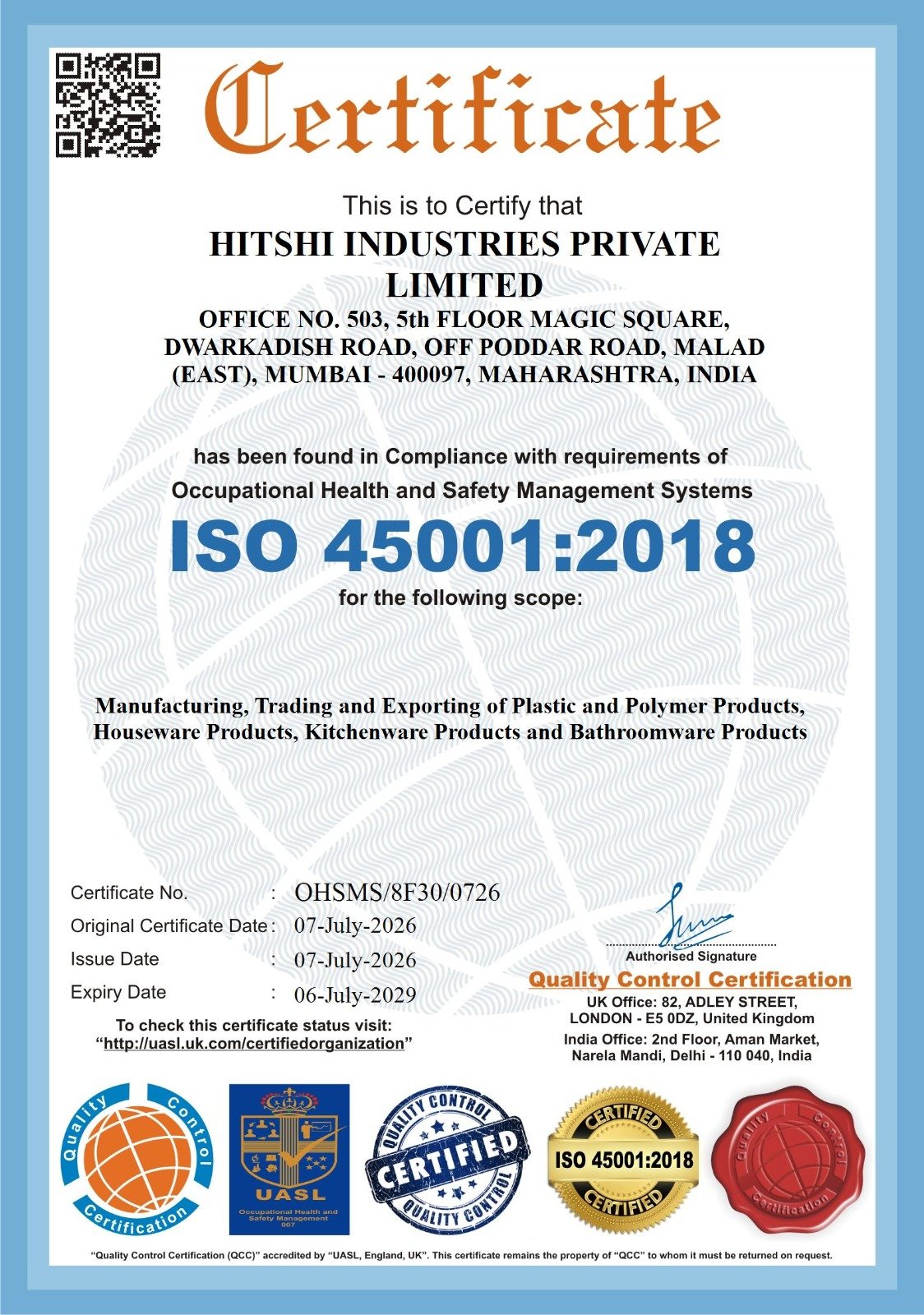 ISO 45001:2018 Certificate — Hitshi Industries Private Limited